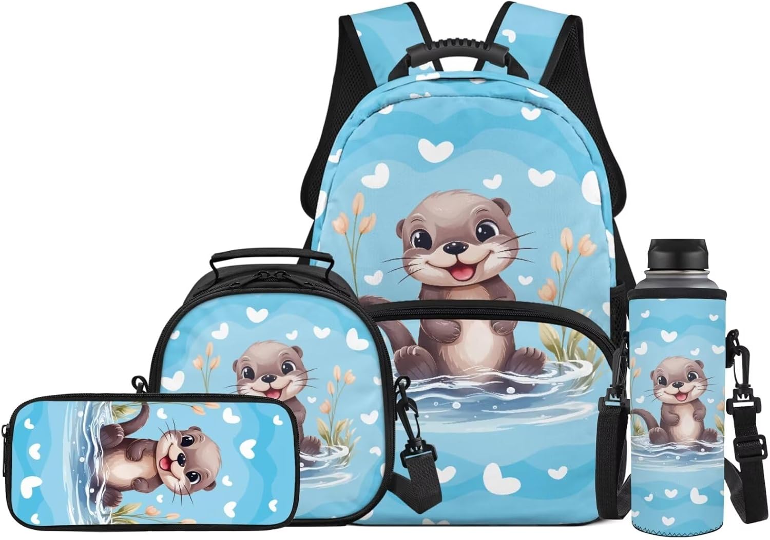 JEOCODY Sea Otter Backpack for Girls School Bag with Lunch Bag Pencil Case and Water Bottle Holder 4 PCS Backpack Accessories School Daypack Travel Bag Satchel Bagpack