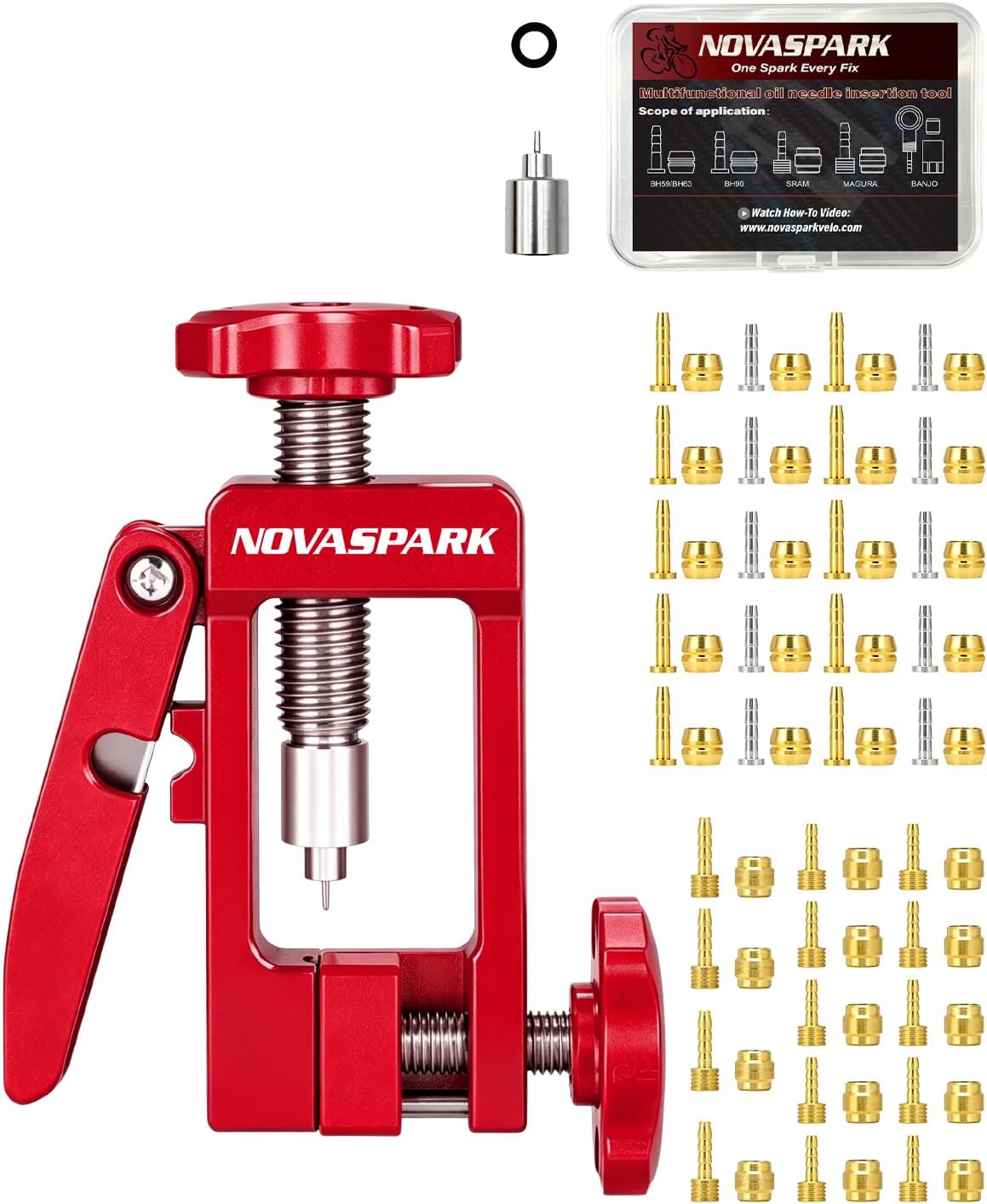 NovaSpark Hydraulic Brake Hose Tool Kit with Cutter and Barb Insertion Tool | 68-Piece Olive and Insert Assortment with Replaceable Blade and Pusher for Common MTB, Road, Gravel, and E-Bike Brake Hoses
