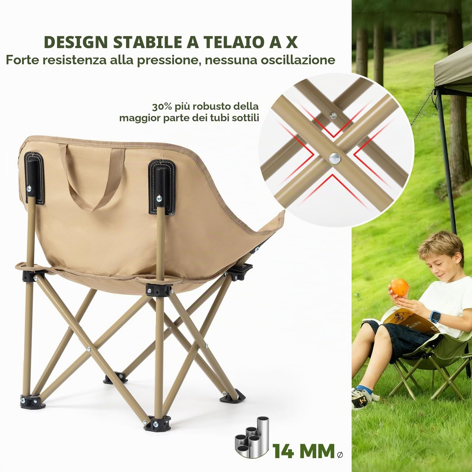 2 Pezzi Sedia da Campeggio Pieghevole Max Portata 120kg per Adulti | Larghezza Seduta 60cm, Tasche Laterali, Portatile con Borsa da Trasporto, Sedie per Pesca Spiaggia Giardino, Kaki