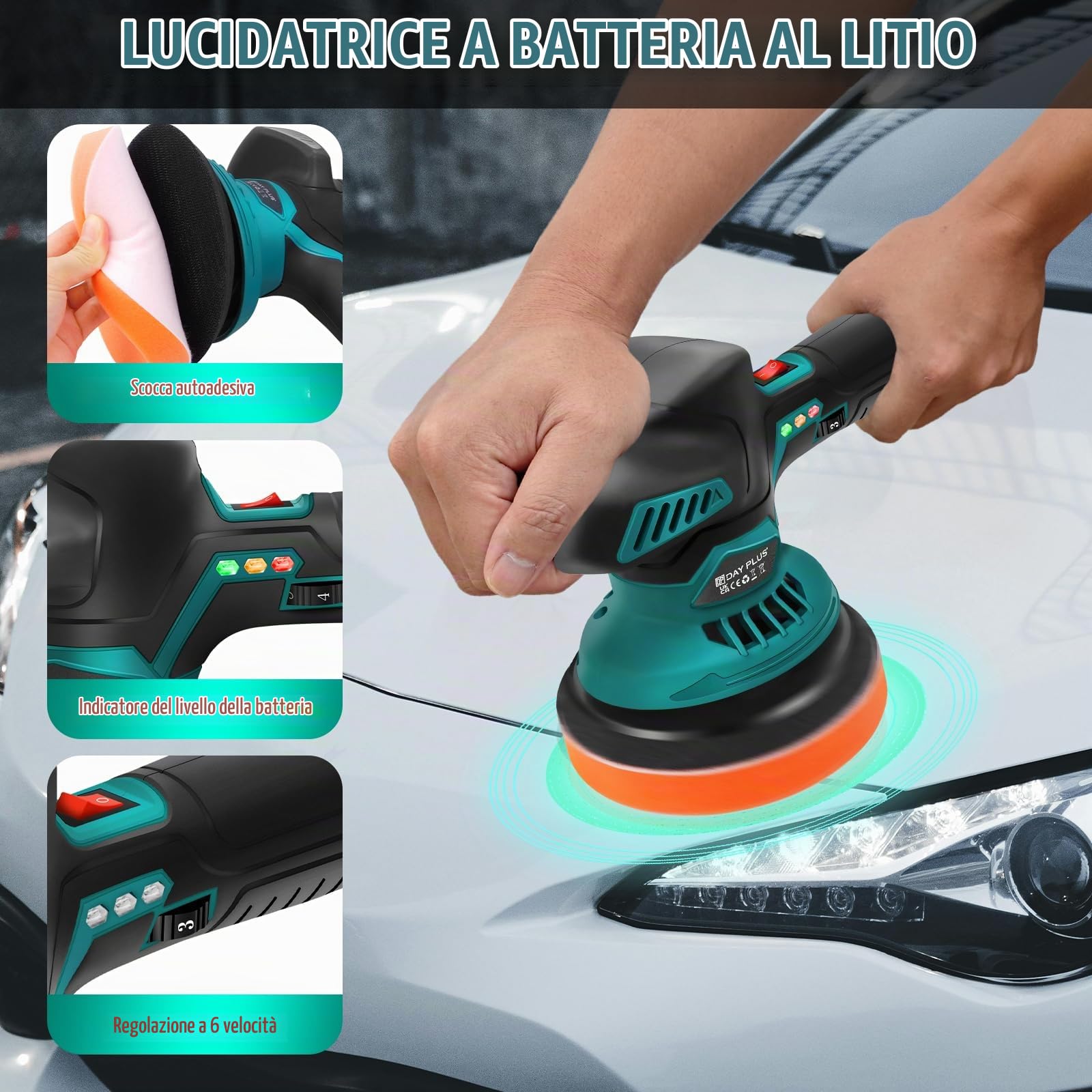 Lucidatrice a batteria per auto, lucidatrice eccentrica, 12 V, con 2 batterie e 22 accessori, 6 velocità variabili per la cura dell'auto, lucidatura, ceratura, rimozione dei graffi – Set di