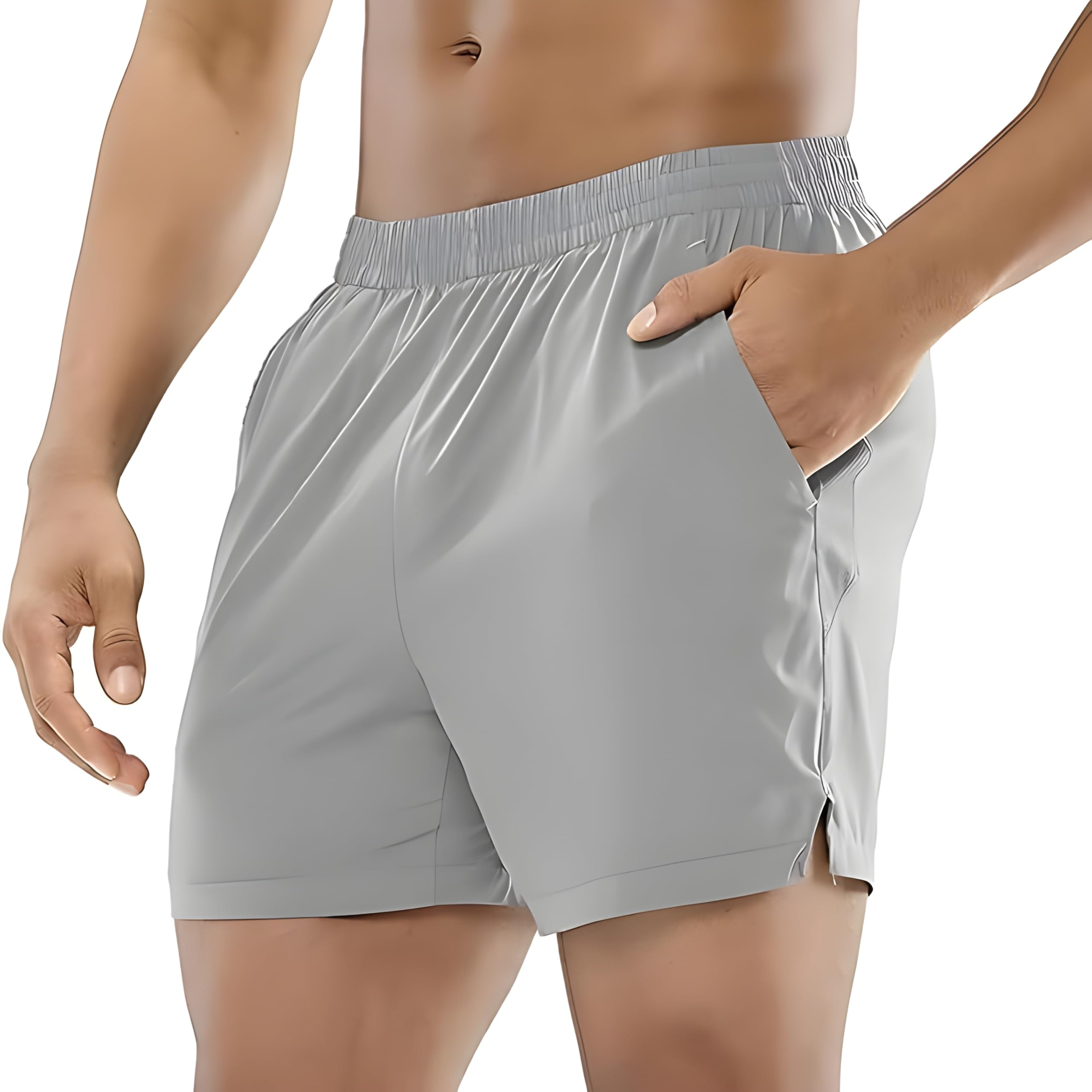 Men's Quick-Dry Athletic Shorts, Stretchable Fit, Light Grey, with Side Pockets