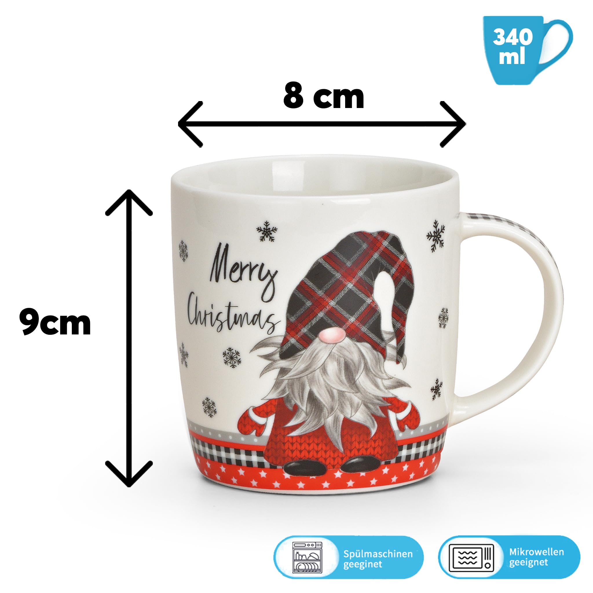 Matches21 - Tazas de café Merry Christmas, decoración navideña, gnomo gris y rojo, porcelana, 36 unidades, 12 x 9 x 8 cm, 340 ml