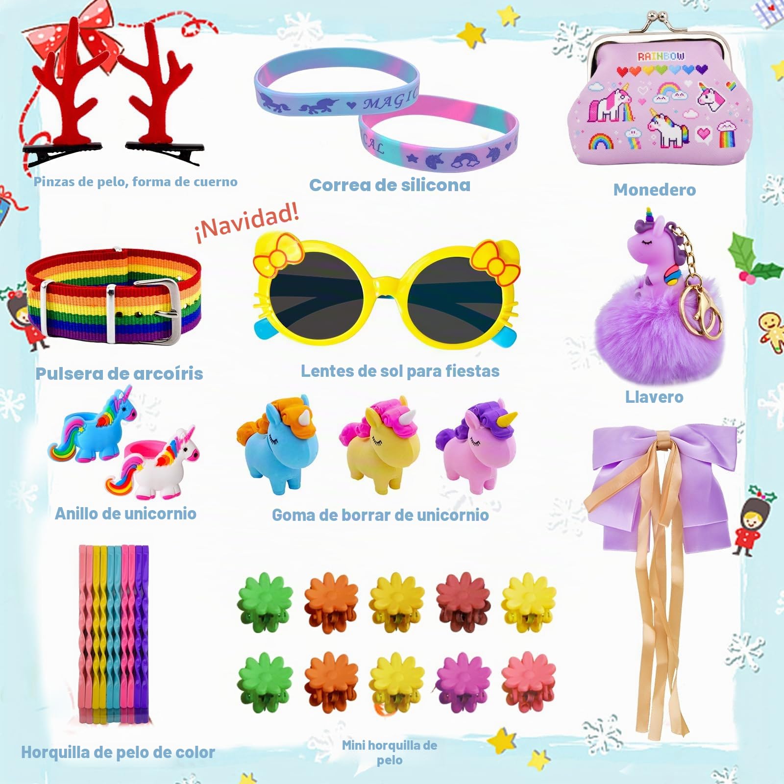 Calendario de Adviento 2025 para niñas, calendario de cuenta atrás de Navidad, 24 días, regalo de unicornio para niños, niñas, incluyendo accesorios para el pelo, pasadores de pelo, pulseras, cartera