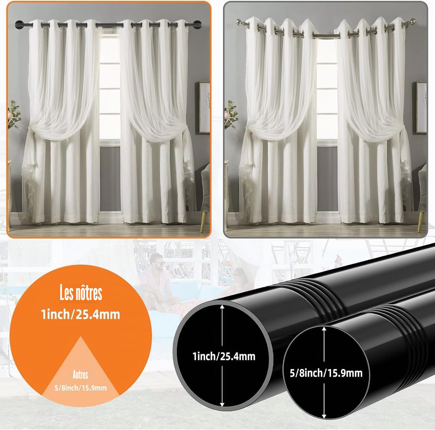Tringles à Rideaux Double Style Industriel, 73-228cm Tringle à Rideau Extensible avec Tête de Bride et Supports, Tringle à Rideaux Réglables en Acier Inoxydable Décorative pour Salon/Noir Mat