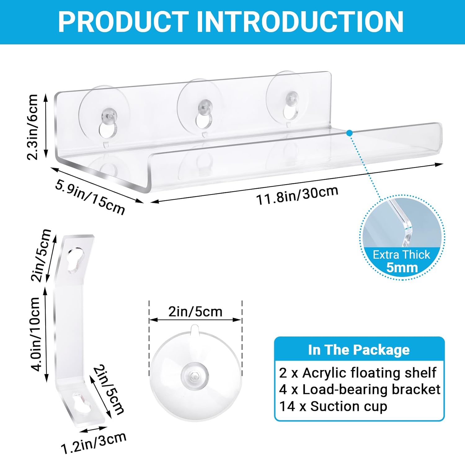 GREANER 3/4/5 Inch Clear Nursery Pots，2 Pack Suction Cup Shelf for Planters, 12 * 6 Inch Acrylic Heavy Kitchen Window Shelf, Reinforced Flower Seed Starter Pot for Indoors Outdoor Plants