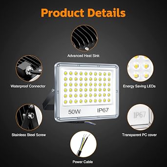 YIQIBRO 50W LED Floodlight Outdoor, IP67 Waterproof Security Lights 2 Pack | 6500K Daylight LED Flood Lights Outdoor, 5000LM Spotlight Wall Light for Garden, Garage, Warehouse, Workshop, Factory, Loft [Energy Class F]