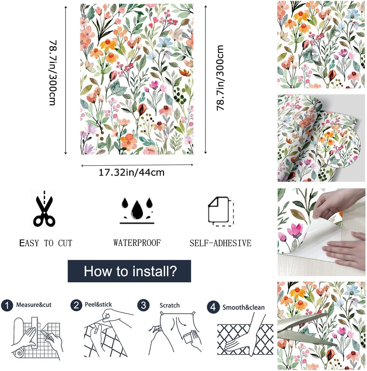 GaliGali Watercolor Floral Shelf Liner Self-Adhesive, Removable 17.3"x78.7"