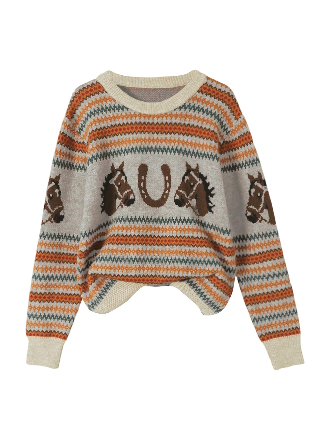 WDIRARA Womens Graphic Sweaters Crew Neck Long Sleeve Pullover Retro Vintage Knit Tops