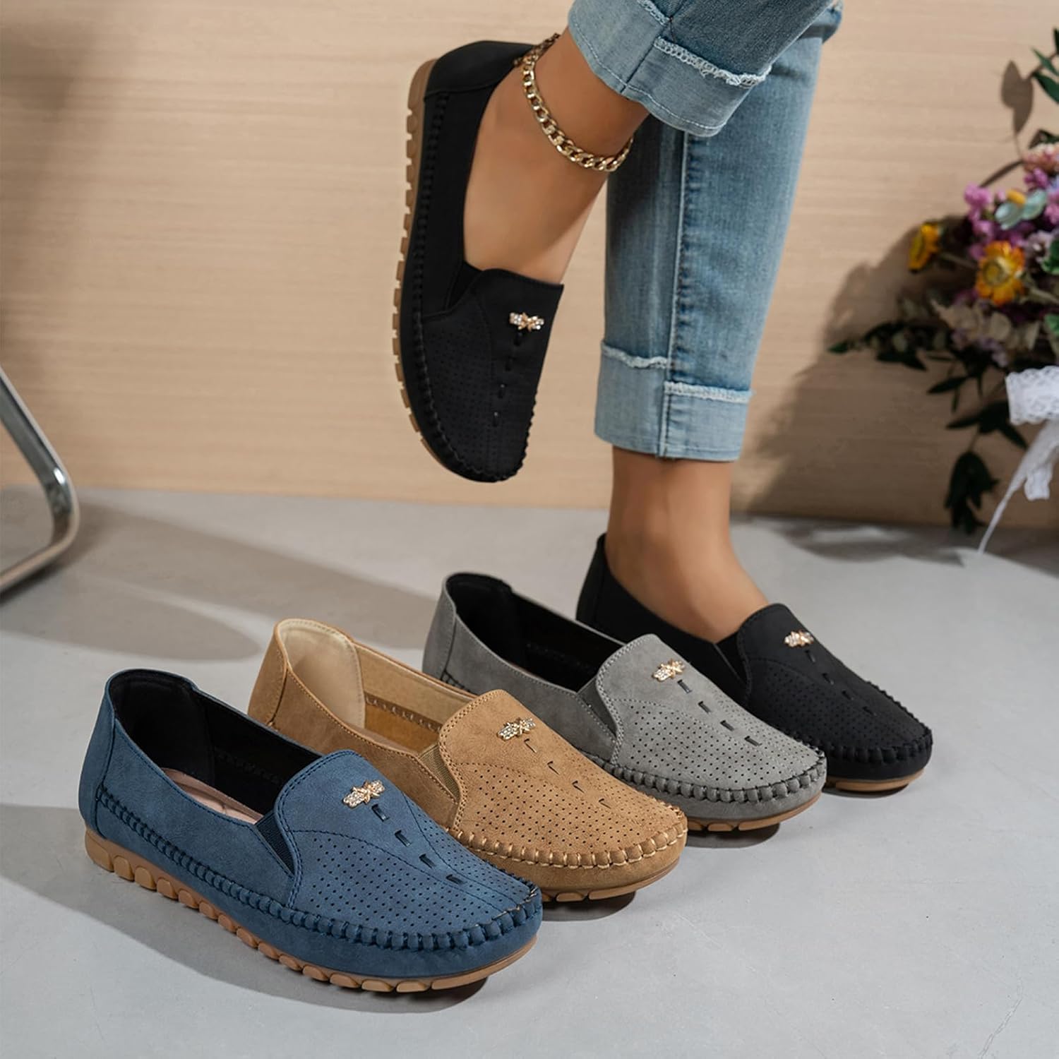 Women's Suede Penny Loafers Breathable Perforated Slip-On Moccasins Lightweight Soft Sole Non-Slip Hand-Stitched Flat Loafers - Image 2