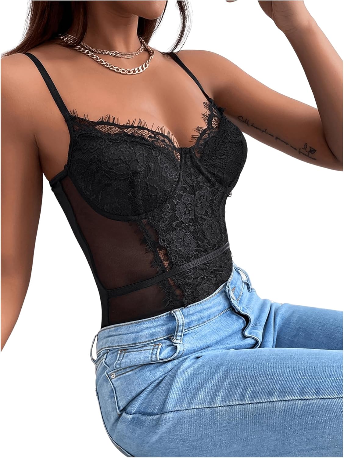SHENHE Women's Floral Lace Spaghetti Strap Sheer Mesh Sleeveless Cami Bodysuit Tops - Image 3