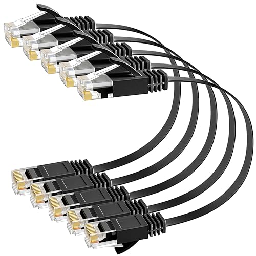 Miniatura 5 de Elecan Cable Ethernet plano Cat 6 de 2 pies5 unidades, cables de conexión cortos delgados de alta velocidad, cables de Internet, 30 AWG de cobre