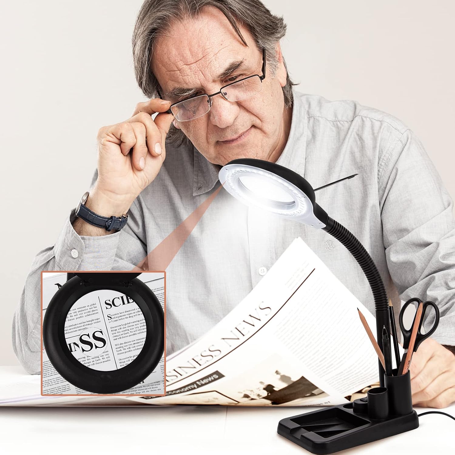 LED Magnifying Glass with Light, 5 X 10X LightView Pro Flex Magnifying Lamp and Table & Desk Lamp for Close Work