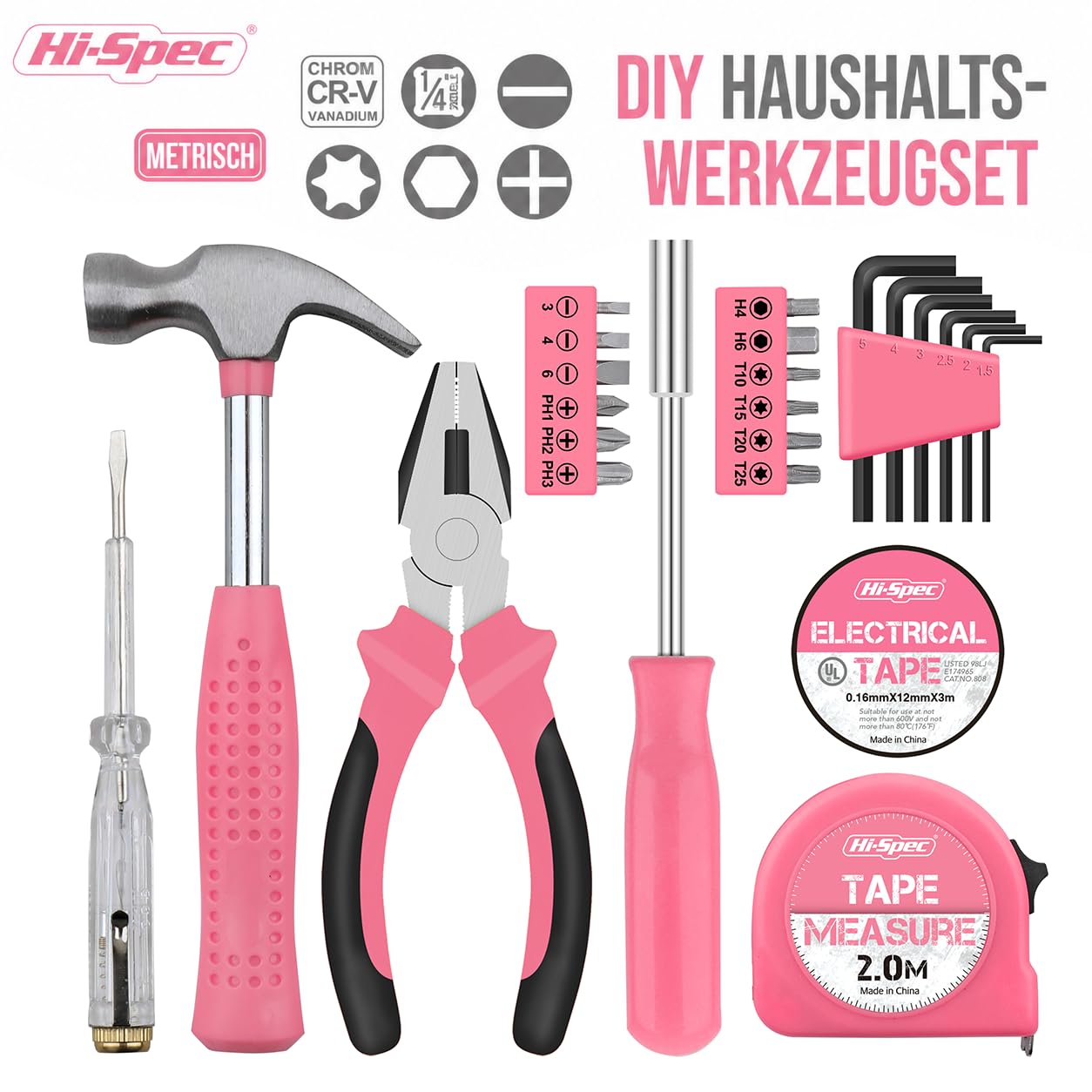 Hi-Spec 24-tlg. Kleiner Werkzeugkoffer für Frauen – Rosa-Mini-Werkzeug-Set mit Hammer und Schraubenzieher Set. Pinke Werkzeugbox ideal für WG-Zimmer und unterwegs