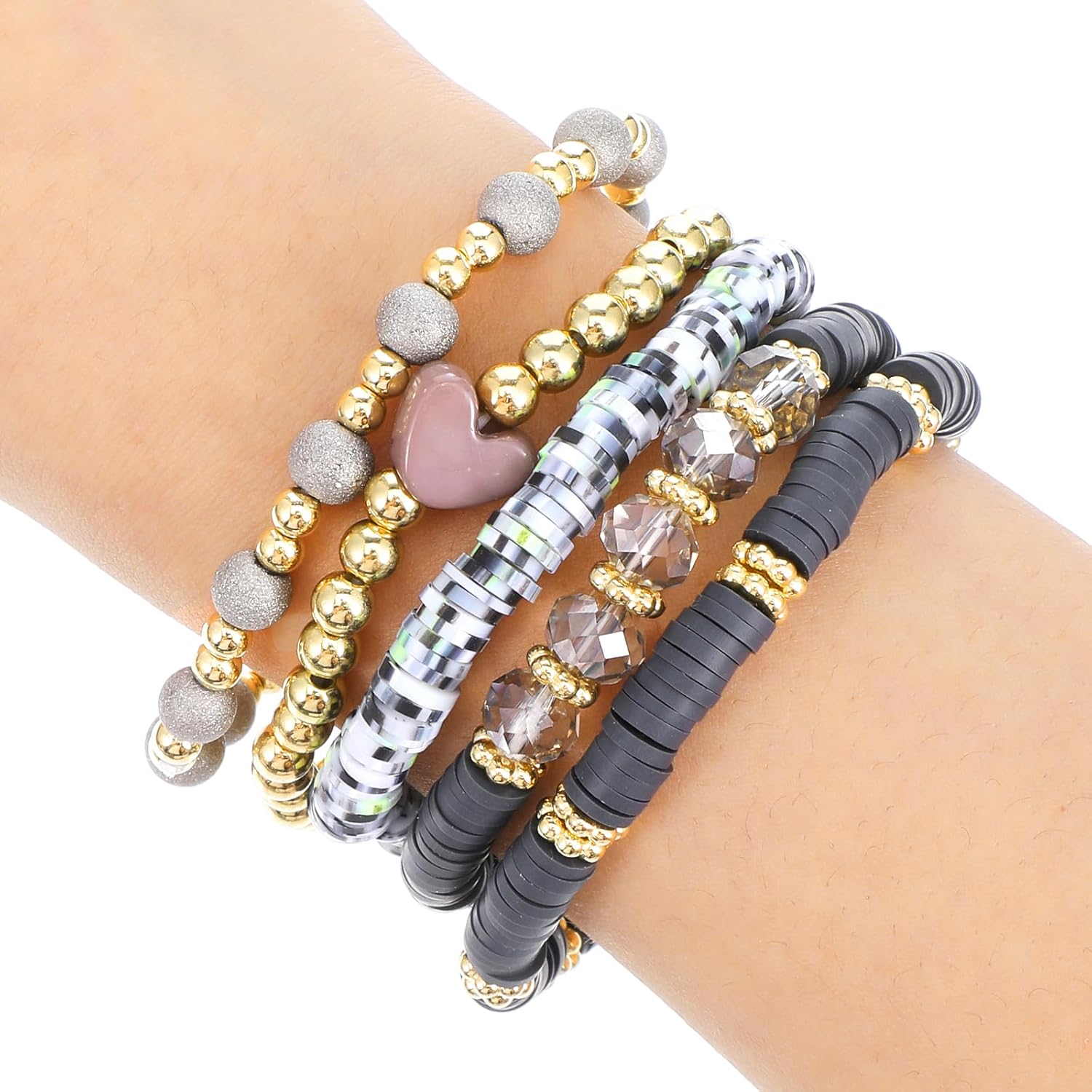 Sibba Beaded Stretch Bracelets for Women Stackable Polymer Clay Beads Bracelet Set Elastic Bohemian Friendship Bracelets with Gray Beads for Layered Stacking Christmas Jewelry Gifts (5-Piece Set) - Image 3
