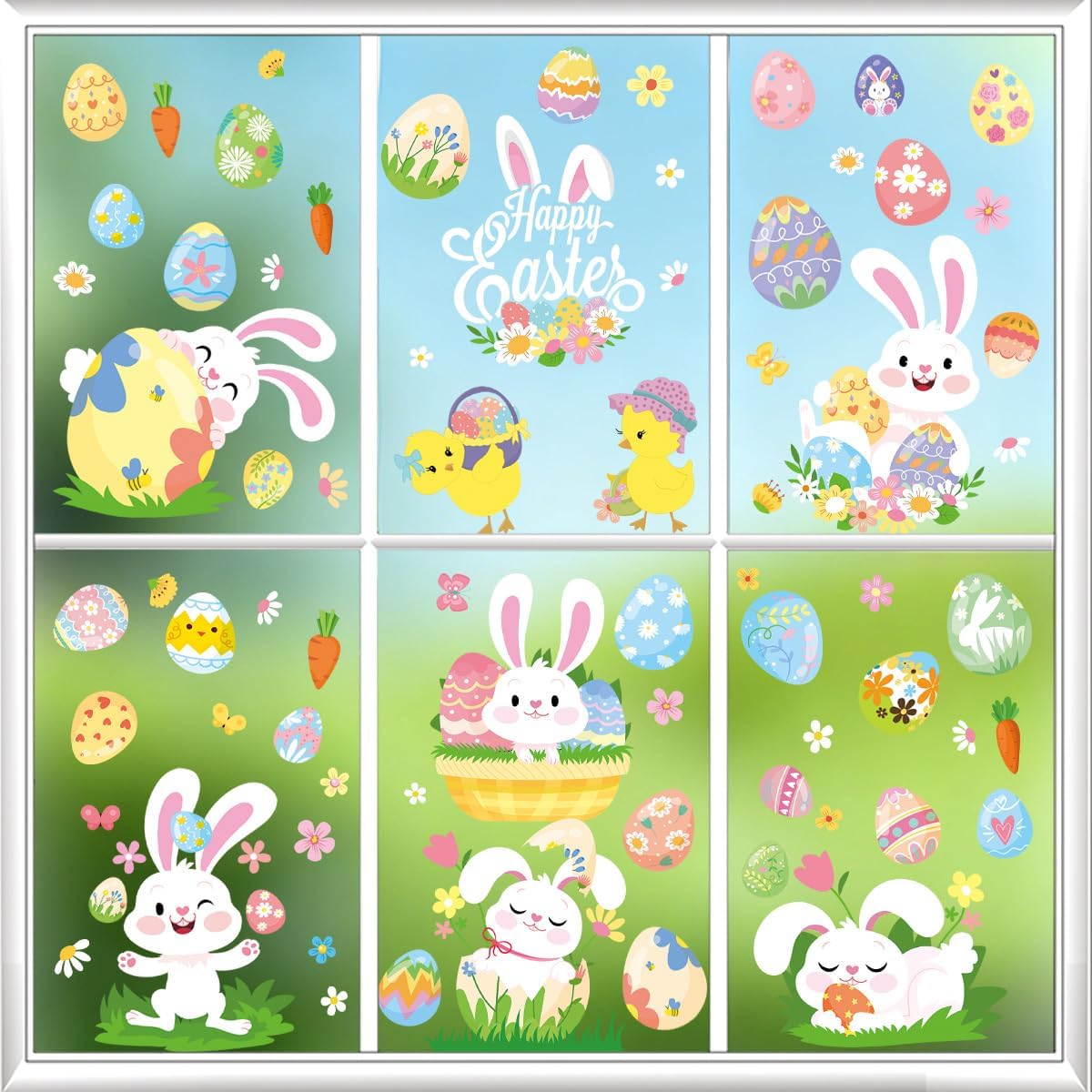 9 Sheet Easter Window Clings Happy Easter Bunny Rabbit Egg Chick Window Stickers Double-Side Glass Decals for Home Office School Shop Display Party Decorations