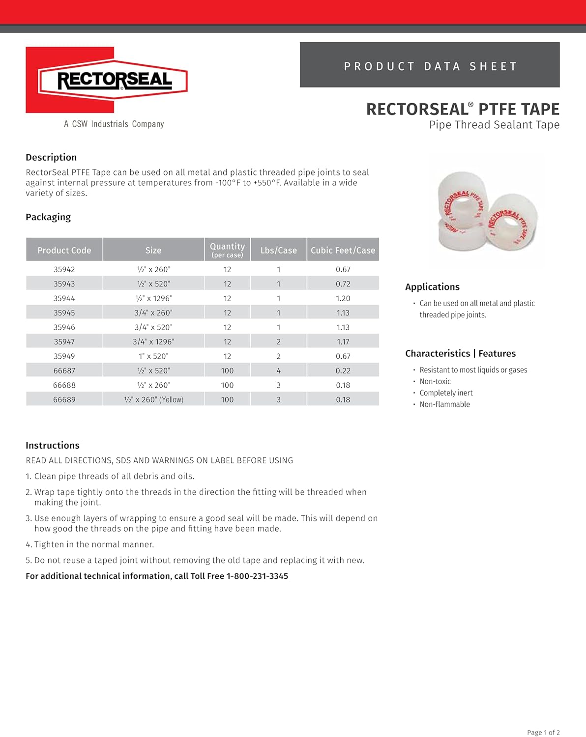 Rectorseal PTFE Tape 35942 Pipe Thread Sealant, Pure PTFE, Plumbing, 1/2x260