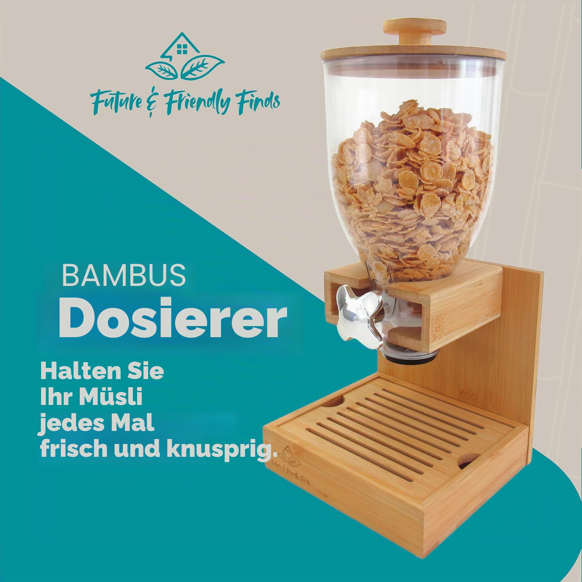 Future & Friendly Finds Bambusspender, 2 l, Müsli-Spender, Aufbewahrungsbehälter, Snack-Bar-Station, Trockenfutterspender, Müsli-Spender, Arbeitsplatte, Hausutensilien