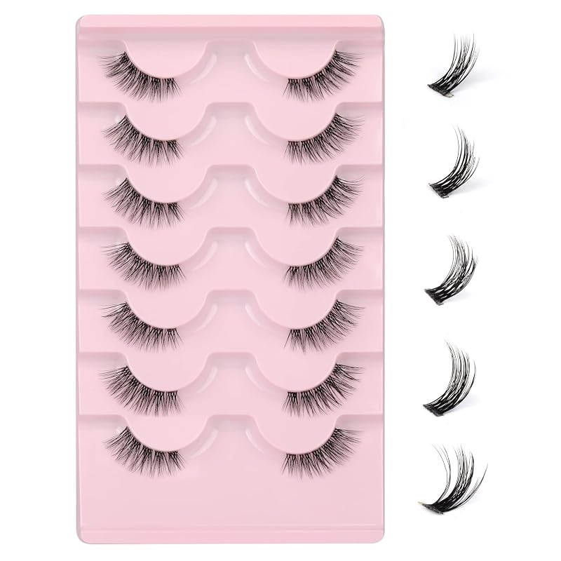 Cílios postiços meia-lua JIMIRE com faixa transparente, estilo cat-eye, 7 pares