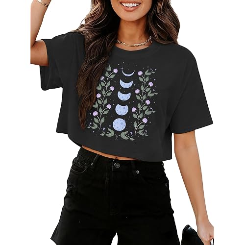 Binshre Womens Short Sleeve Crops Tops Summer Graphic Tees Crew Neck Cropped T Shirts Casual Loose Fit Blouse