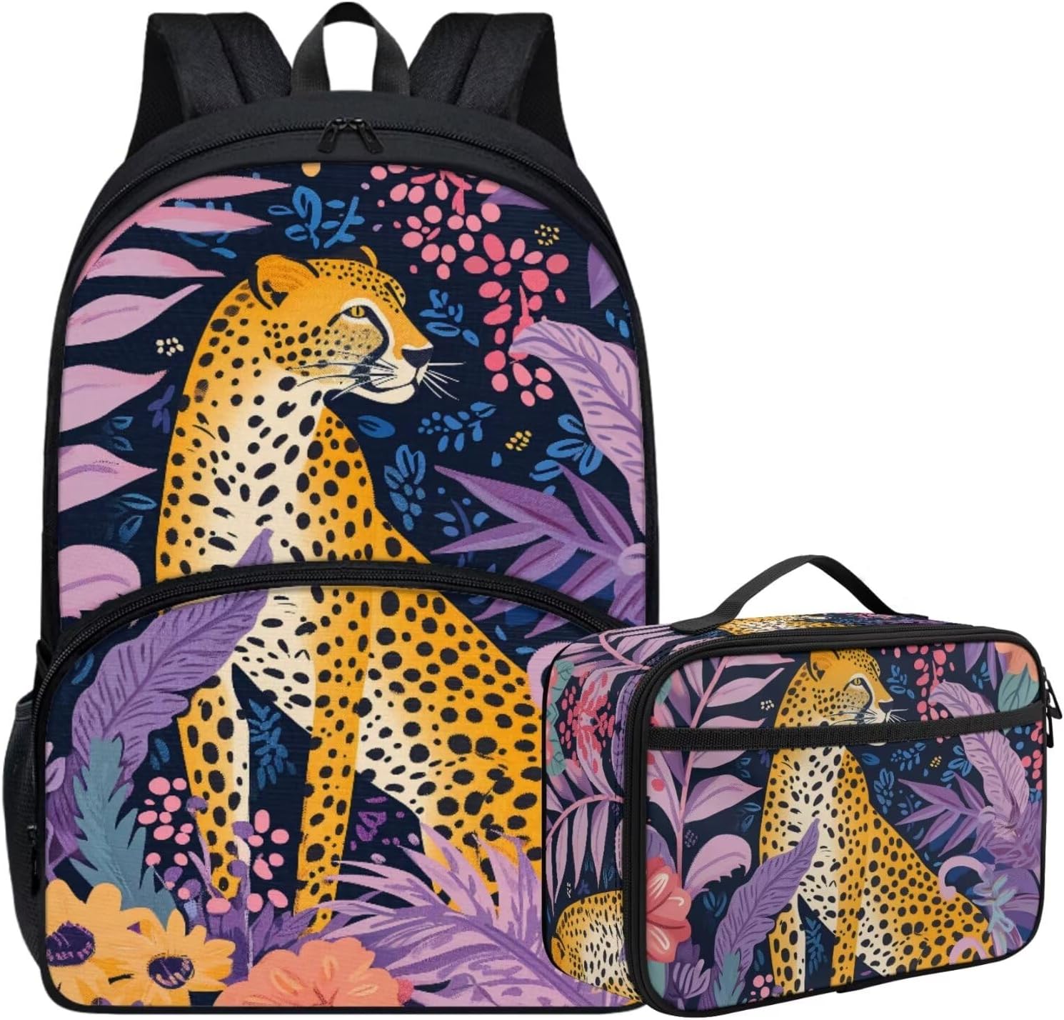 Animal Print Backpack Set for Girls Tropical Floral Cheetah Backpack with Lunch Box Elementary Student Outing Daily Lightweight 17 Inch Bookbag Purple Cute School Bag