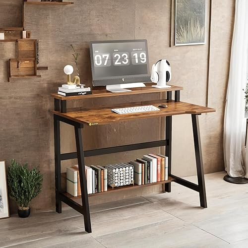 Miniatura 6 de Escritorio pequeño moderno de 31.5 pulgadas, escritorio compacto para computadora para oficina en casa y estudio, ahorro de espacio con estantes