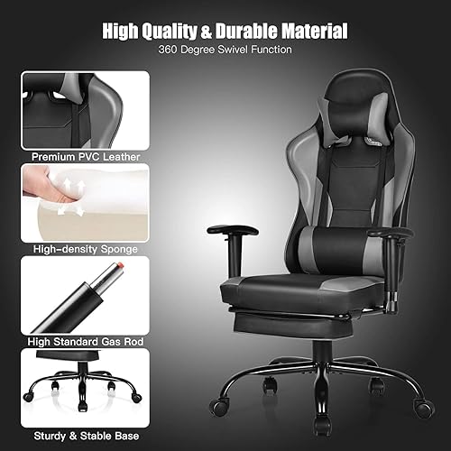 Miniatura 8 de GYMAX Silla para videojuegos, silla de juegos de computadora de respaldo alto con reposabrazos ajustables y soporte lumbar de masaje, silla de