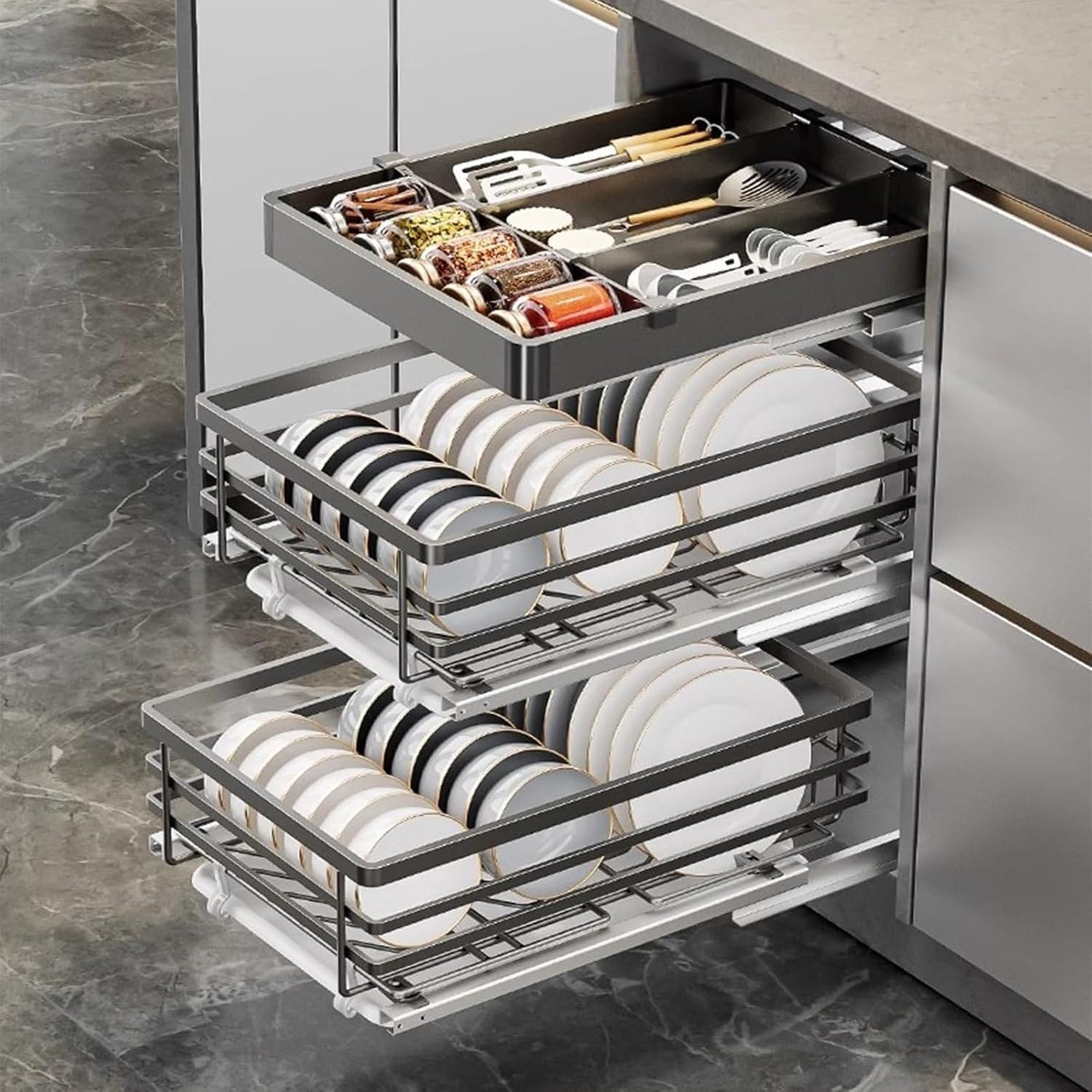 Scorrevole Armadio Cassetto Estraibile Ripiani Cucina Dispensa Scaffalatura Scivolo Contenitore Acciaio Nero 29x13x46, Grå, 24x13x46cm
