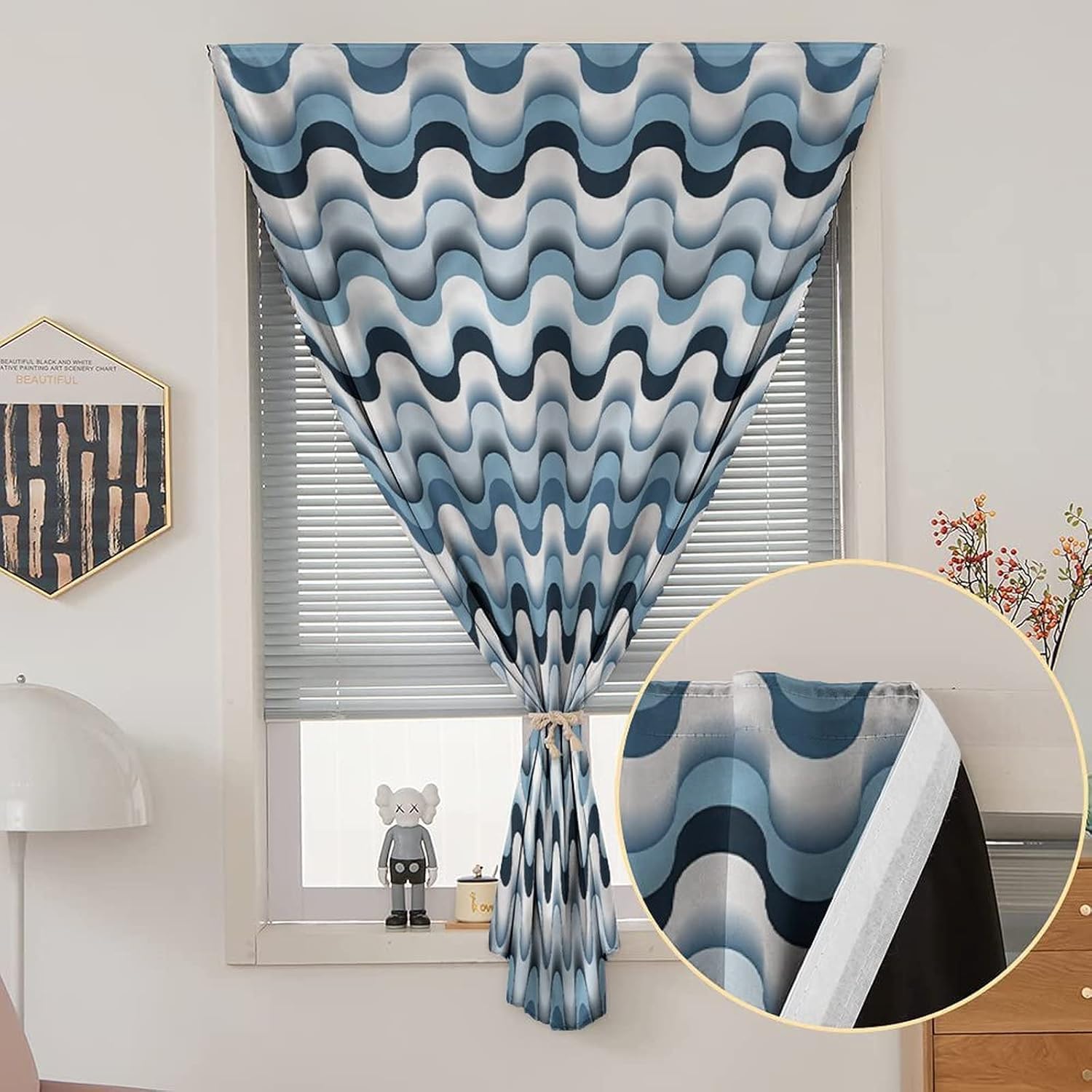XISUNYA Adjustable Blackout Shades, Abstract Portable Blackout Curtain, Abstract Swirl Wave Design Print Temporary Blackout Blinds,47W x54L Inch, for Bathroom Living Room Bedroom