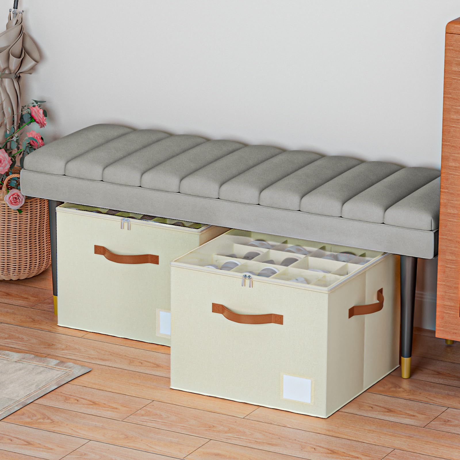 Storivo Organizer per scarpe con divisori regolabili – Scatola per scarpe impilabile con coperchio trasparente con cerniera – Porta scarpe per 16 paia di scarpe, stivali, scarpe da ginnastica e tacchi