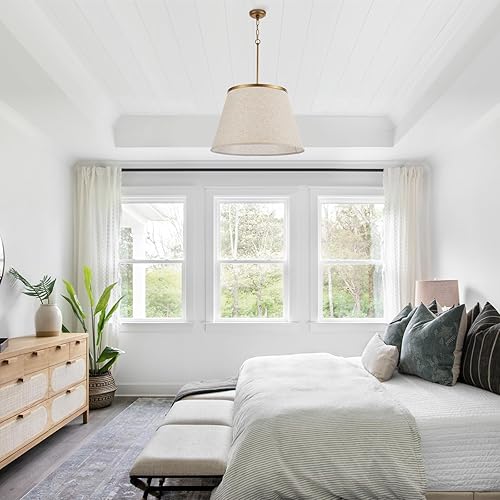 Miniatura 7 de Lámpara de araña bohemia de 24 pulgadas, tambor de tela cónica y detalles dorados antiguos, acabado de pintura, iluminación colgante para cuarto de