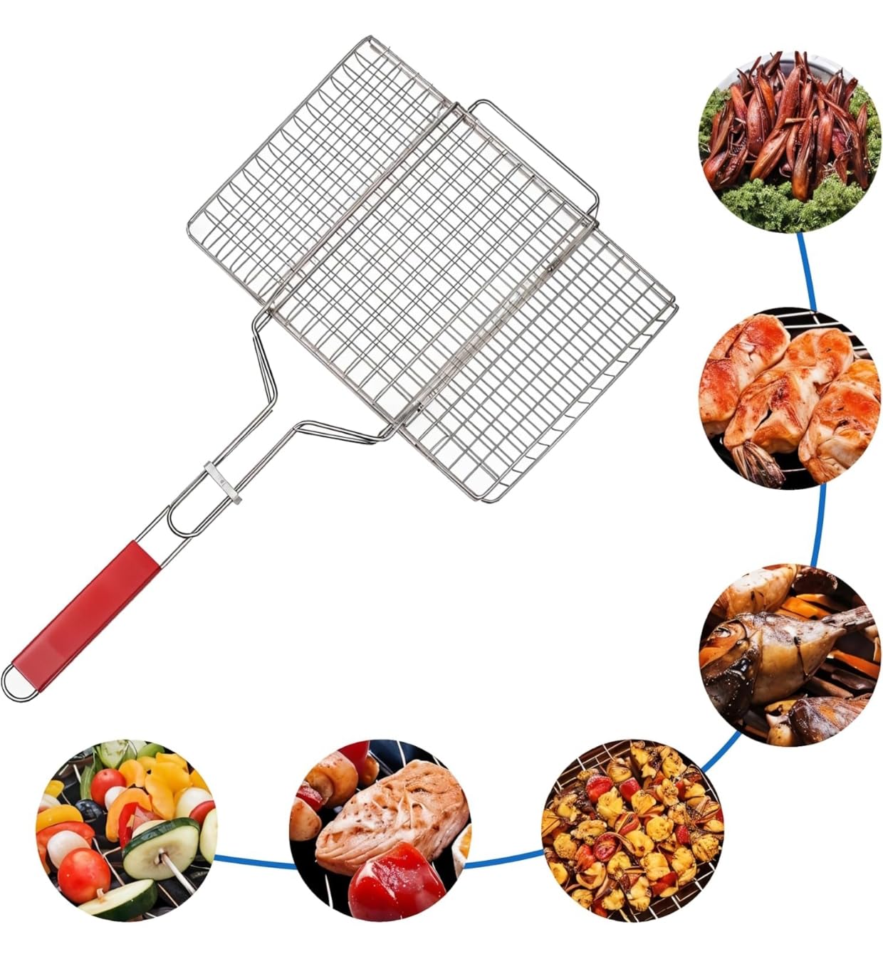 Portable Barbecue BBQ Grill Net Basket Roast Grilling Tray Plated with Wooden Handle ss utensils (46.5 x 24 x 2 cm) 1pc-image-28