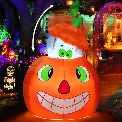 COMIN Inflables de Halloween de 5 pies con fantasmas animados de calabaza para exteriores, decoración de patio inflable con LED integrados para