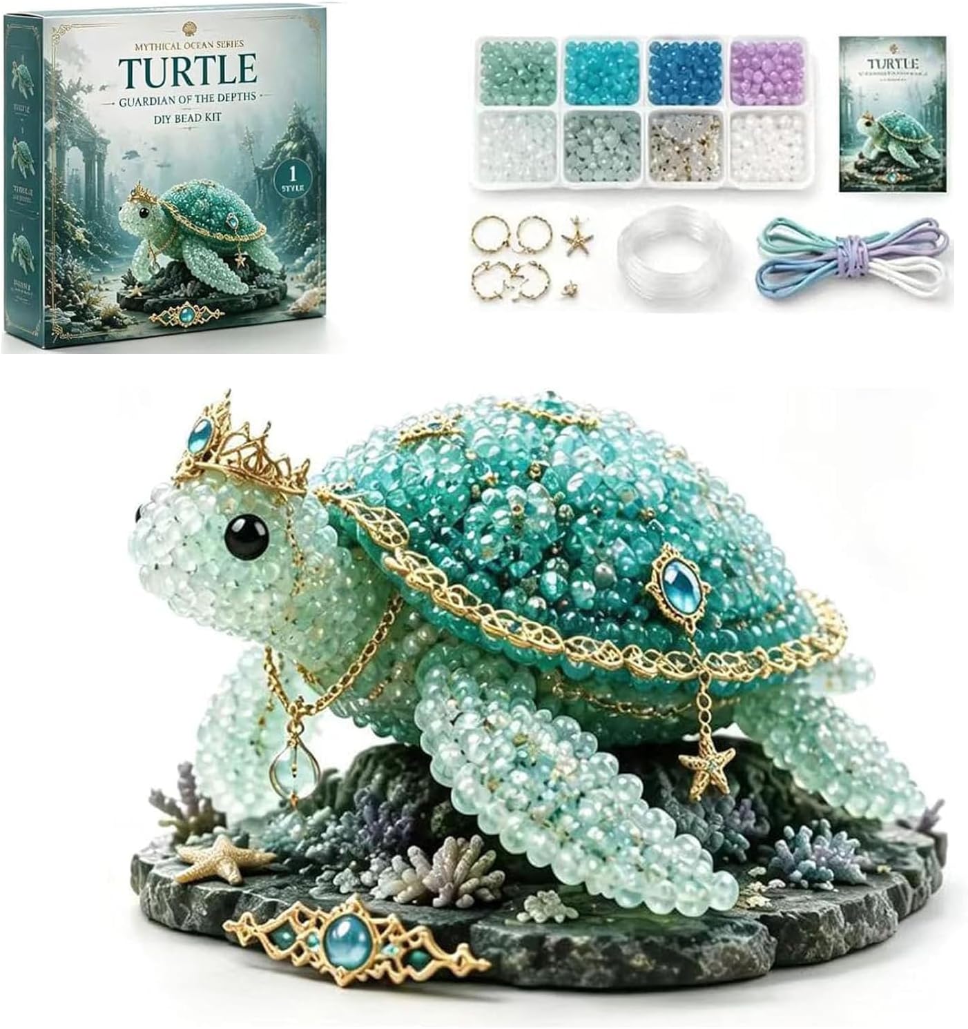 Mythical Ocean DIY Bead Kit for Beginners, 3D Crystal Beading Craft Kit with Instructions, 8 Unique Sea Animal Designs with Glass Beads and Pattern Guide, Underwater Bead Embroidery Set (Sea Dragon)
