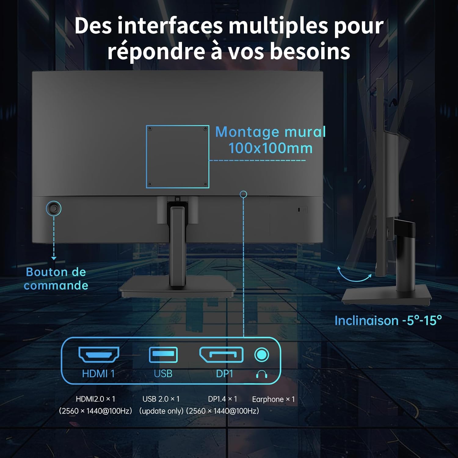 Rear view of the monitor showing HDMI, USB, DisplayPort, and Earphone connections, along with VESA mount points and control button