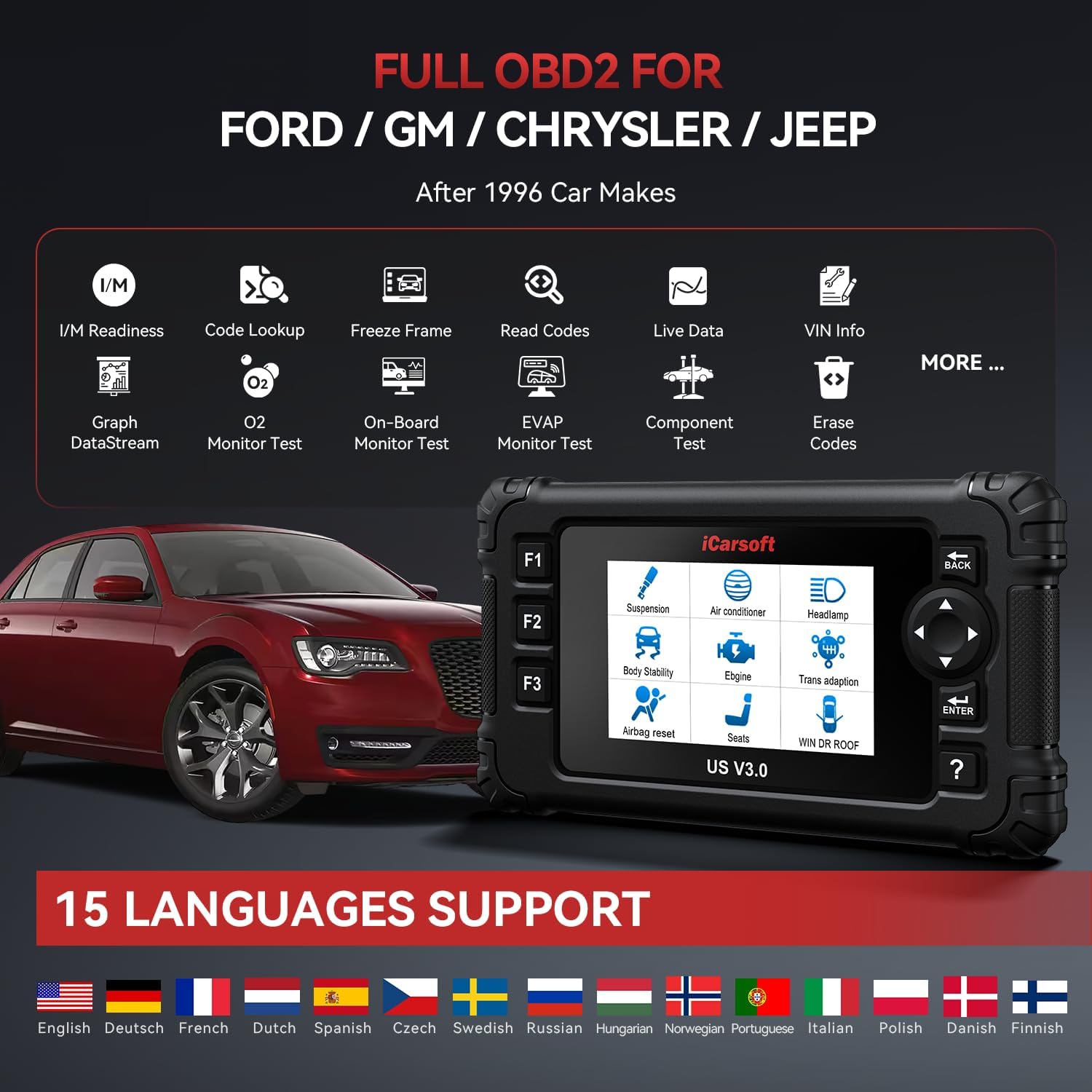 iCarsoft US V3.0 for GM/Ford/Chrysler/Jeep Bi-Directional Scan Tool, Full System Diagnostic Code Reader Scanner, 37 Reset Functions, AUTOVIN, Full OBD2, Lifetime Free Update- 2025