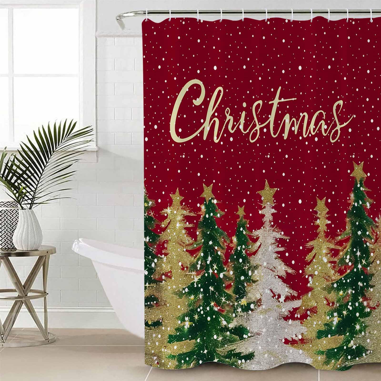 Huotupsine Red Christmas Tree Shower Curtain Set - Extra Long 72" x 96" Bathtub Curtain with 12 Hooks, Green Yellow Gray Xmas Tree Snowflake