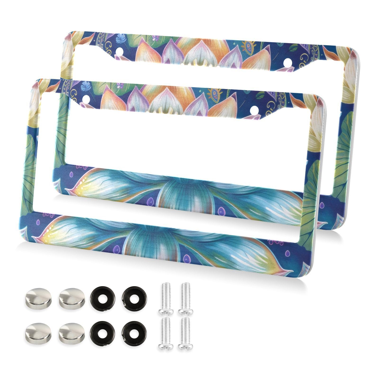 2-Piece Boho Pattern License Plate Frames - Stainless Steel Covers With Screws & Caps, Universal Fit For Cars - View #2