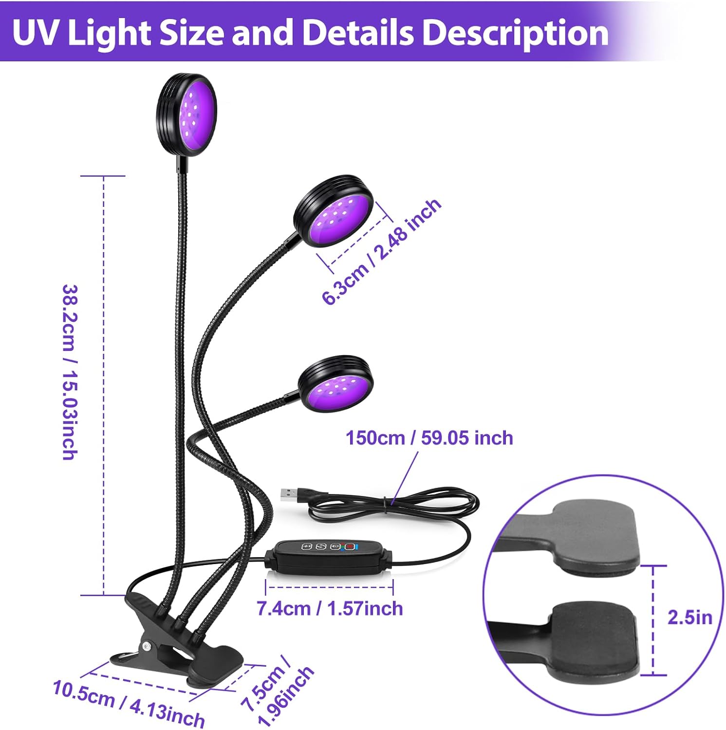 inShareplus 395nm~405nm Dimmable UV Gooseneck Light with USB,15W UV Black Curing Lamp, Clamp Lights with Clip for UV Glue Resin Curing, Gel Nail, Resin Art, Aquarium