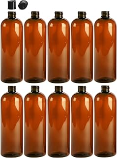 Premium Essential Oil 16 Ounce Cosmo Round Bottles, PET Plastic Empty Refillable BPA-Free, with Black Press Down Disc Caps (Pack of 10) (Amber)