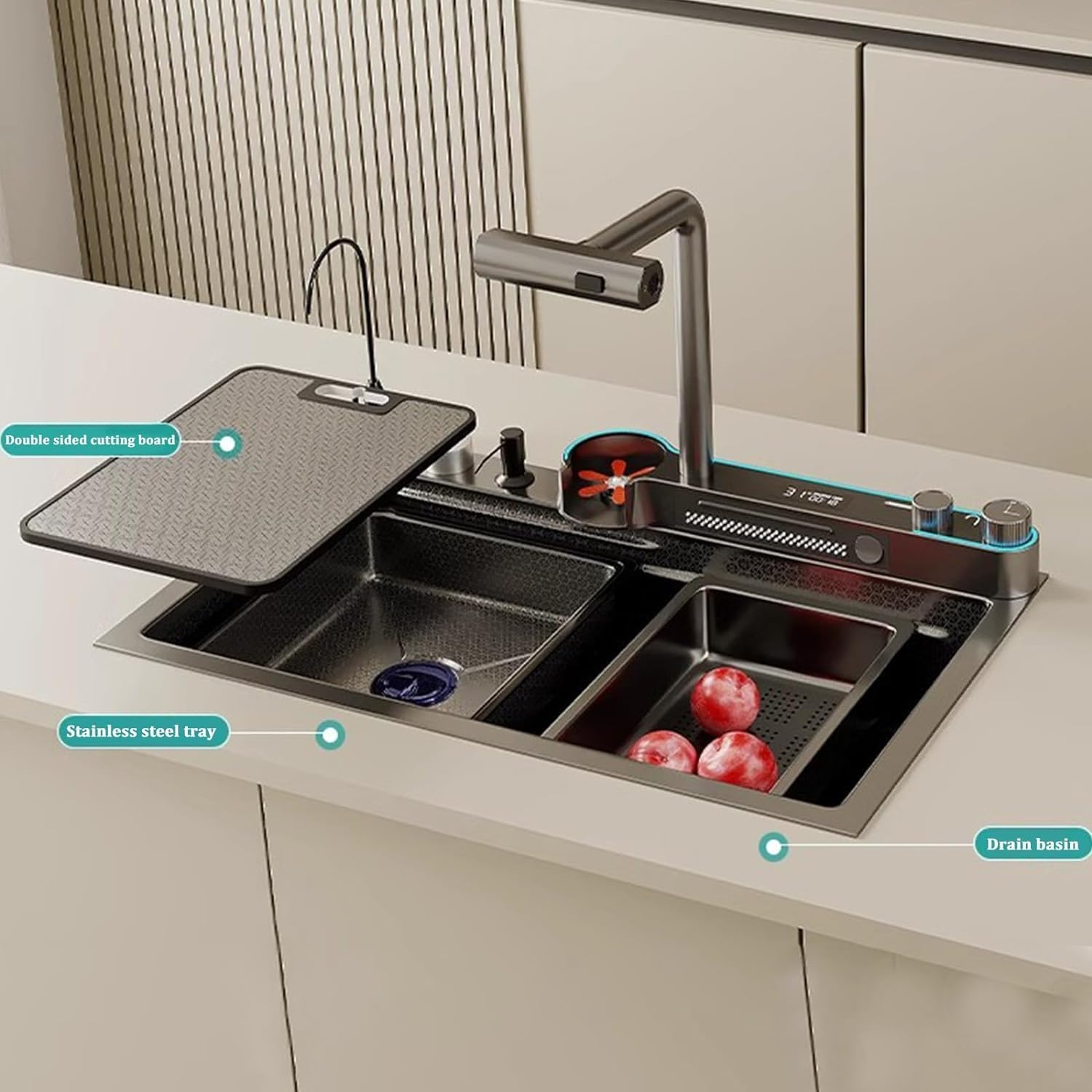 29.5 * 18 Inch Kitchen Sink Undermount Workstation Single Bowl Stainless Steel Kitchen Sink LED Display Waterfall Faucet With Accessories, Large, Nano Black