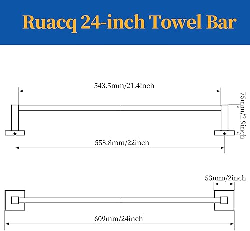 Miniatura 2 de Ruacq Toallero cuadrado de 21 pulgadas, color gris cepillado, toallero de baño de acero inoxidable SUS304, montado en la pared, longitud total de 24