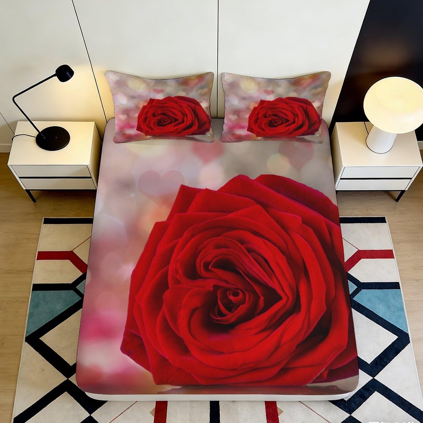 3D Printed Red Rose Fitted Sheet Microfiber Soft Bed Cover Romantic Floral Decor for Bedroom Dorm Mattress Protection 90x200x25cm