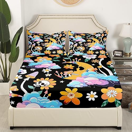 Miniatura 3 de Juego de sábanas bajeras bohemias con diseño de luna exótica y arco iris, 60 y 70, diseño de flores, hippy girl, diseño de calavera y flores, tamaño