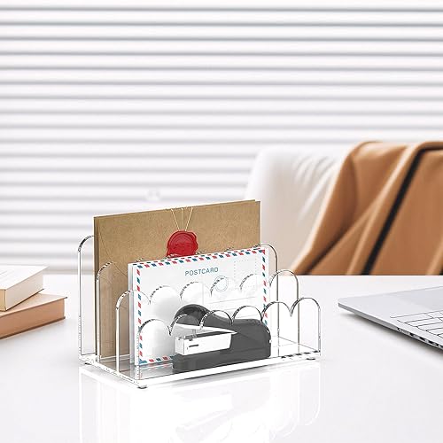 Vista 6 de YAGELI Paquete de 2 organizadores de correo acrílico de 3 ranuras para escritorio, clasificador de documentos transparente festoneado, soporte