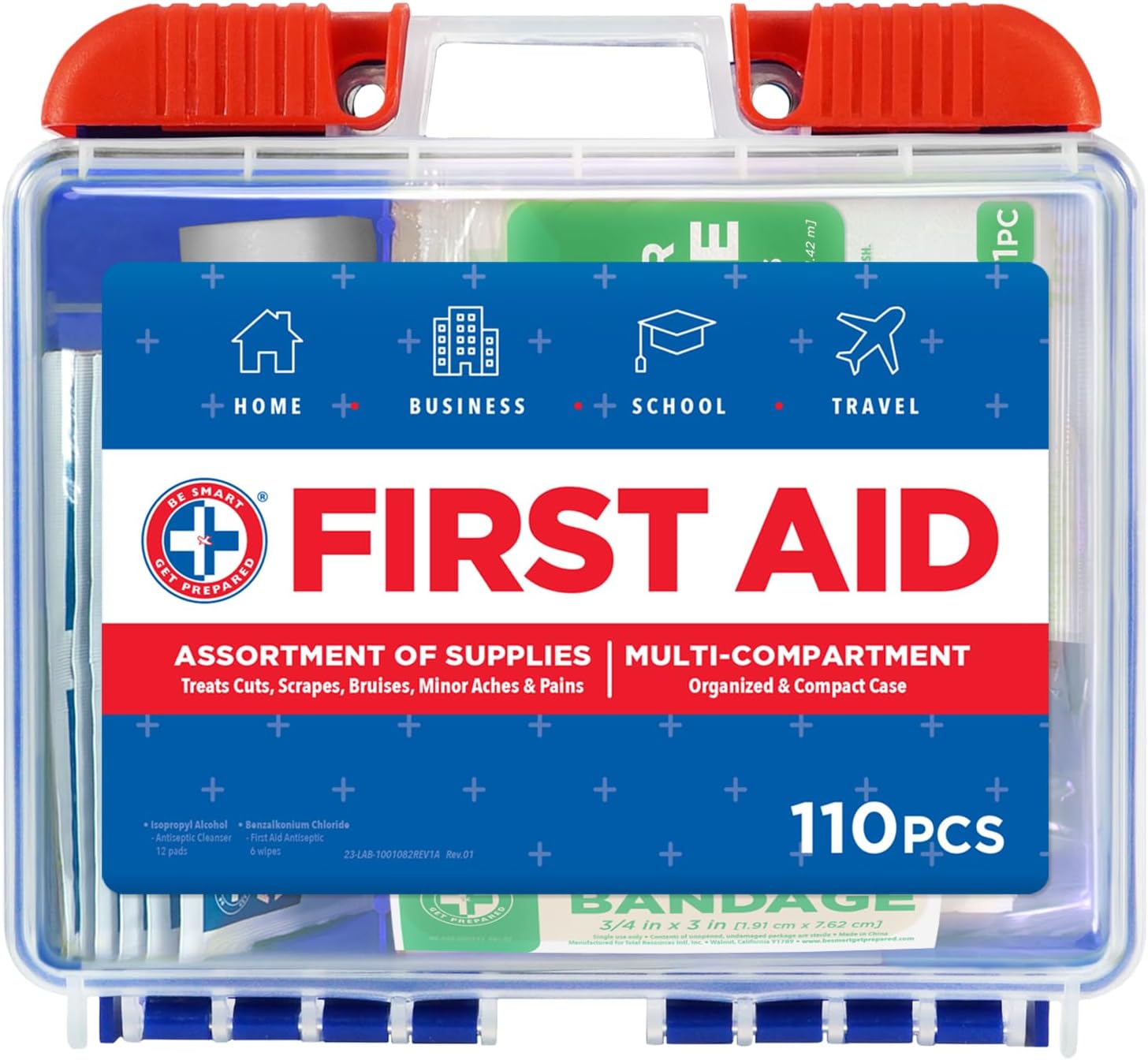 Be Smart Get Prepared 110 Pc First Aid Kit - Home, Car, Office, Travel, FSA