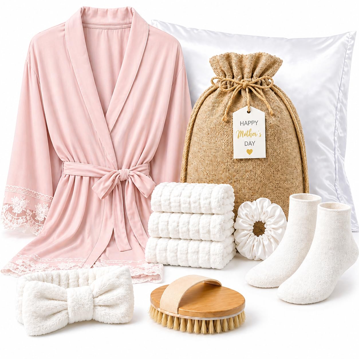 Mother’s Day Spa Gift Set for Women – Luxury Self Care Gift "Basket", Blush Cotton Robe with Crocheted Lace Trim, Satin Pillowcase, Scrunchie, Headband, Fuzzy Socks, Dry Brush, Washcloths, Gift Bag
