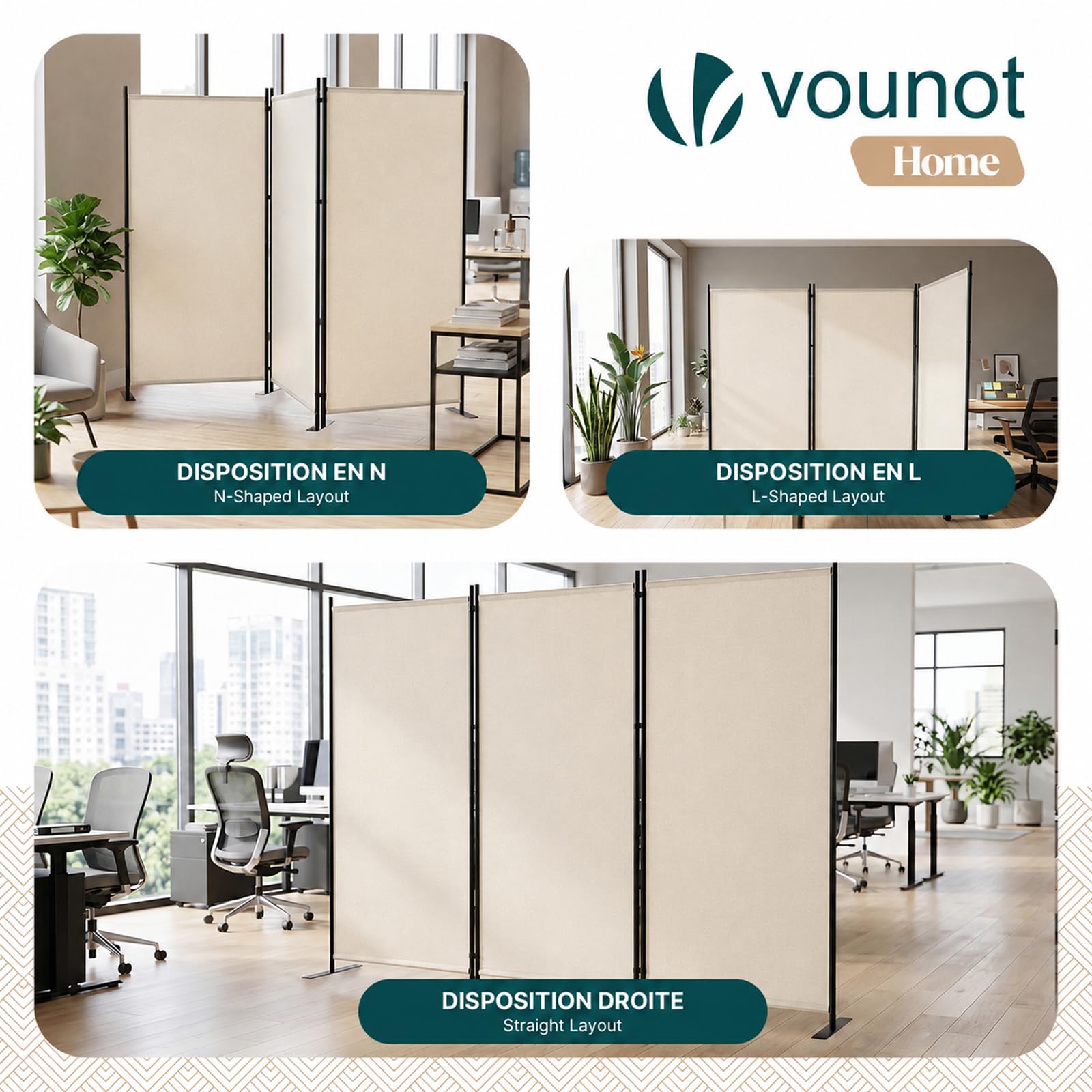 VOUNOT® Separe Divisorio Interno a 3 Pannelli in Metallo, Paravento Pieghevole Autoportante Privacy per Salotto, Camera da Letto e Ufficio, 262 x 30 x 173 cm, Beige
