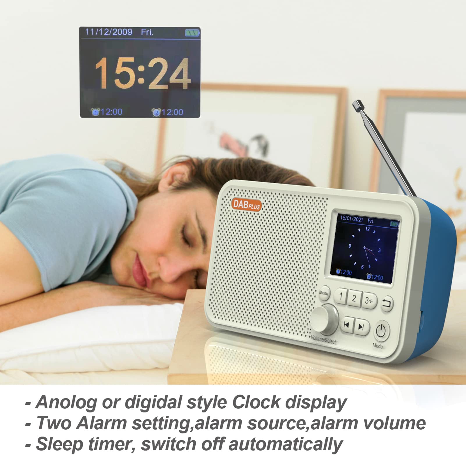Radio digital AM FM de onda corta, radio de bolsillo portátil recargable de 1800 mAh, sintonizador digital compatible con puerto USB TF, temporizador de apagado y manos libres
