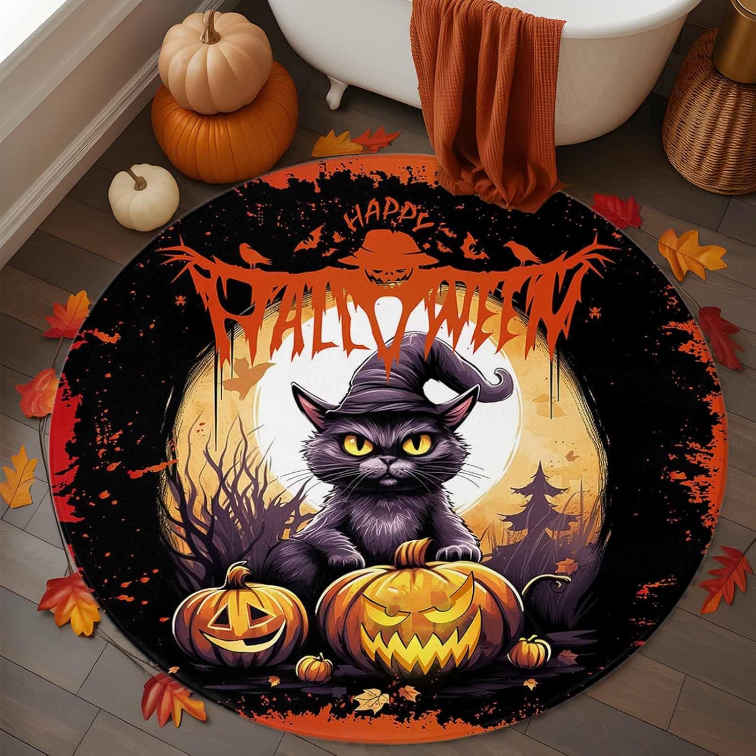 Halloween Round Area Rug 3ft Black Cat Spooky Pumpkin Floor Carpets Indoor Floor Area Mat Stain-Proof Mat Circle Rugs for Living Room Dining Room Kitchen Bedroom Fall Decor, Crow Sofa Throw Carpet