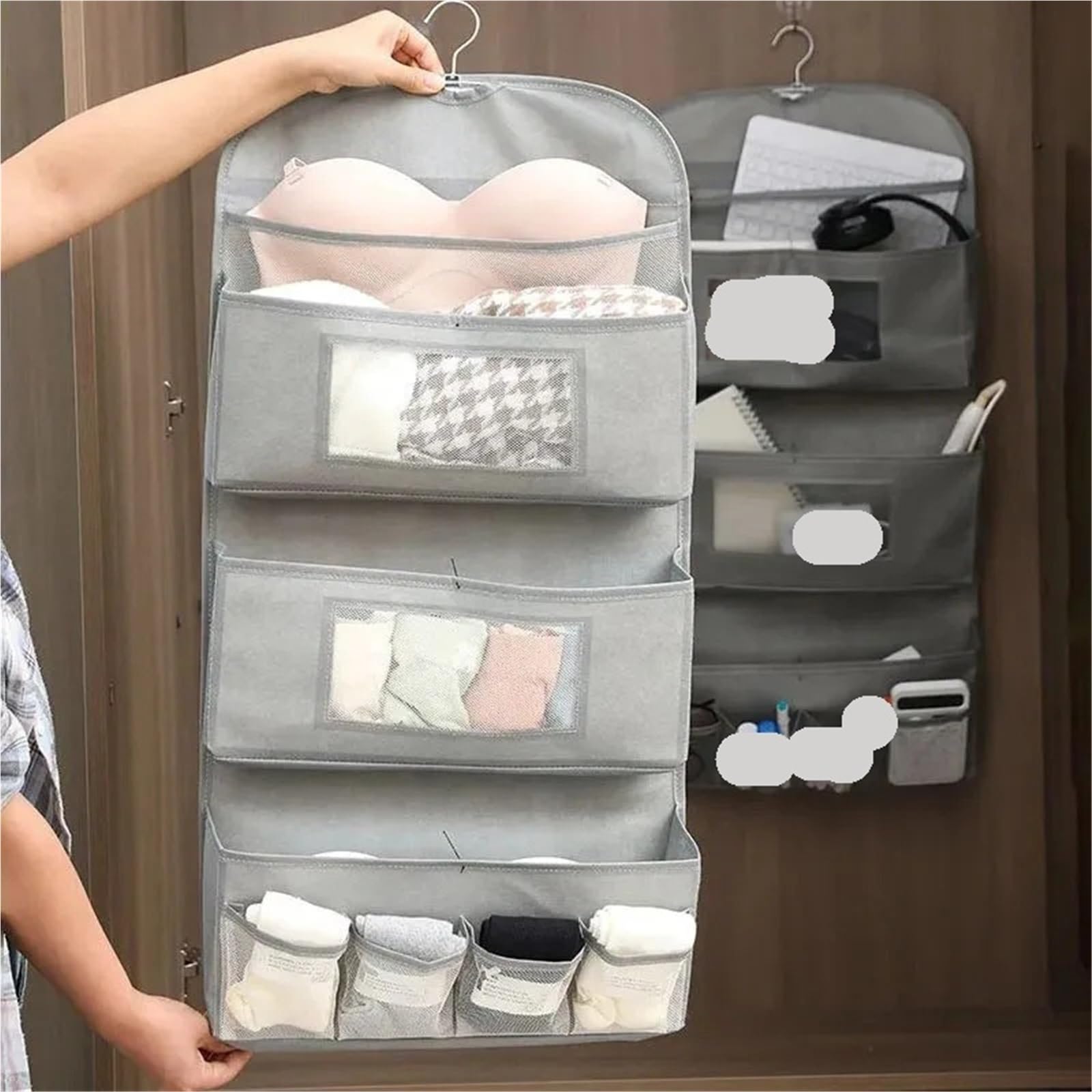 portaoggetti da Appendere Organizer portaoggetti sospeso a 3 Livelli, in Tessuto Non, con Porta Posteriore, Montato a Parete, for Biancheria Intima, Calzini, Multitasche